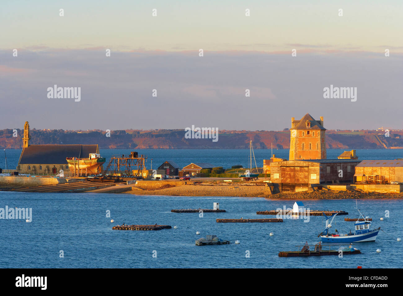 Bateau de pêche, la tour Vauban, Notre Dame de Rocamadour, Camaret sur Mer, presqu'île de Crozon, Finistère, Bretagne, France, Europe Banque D'Images