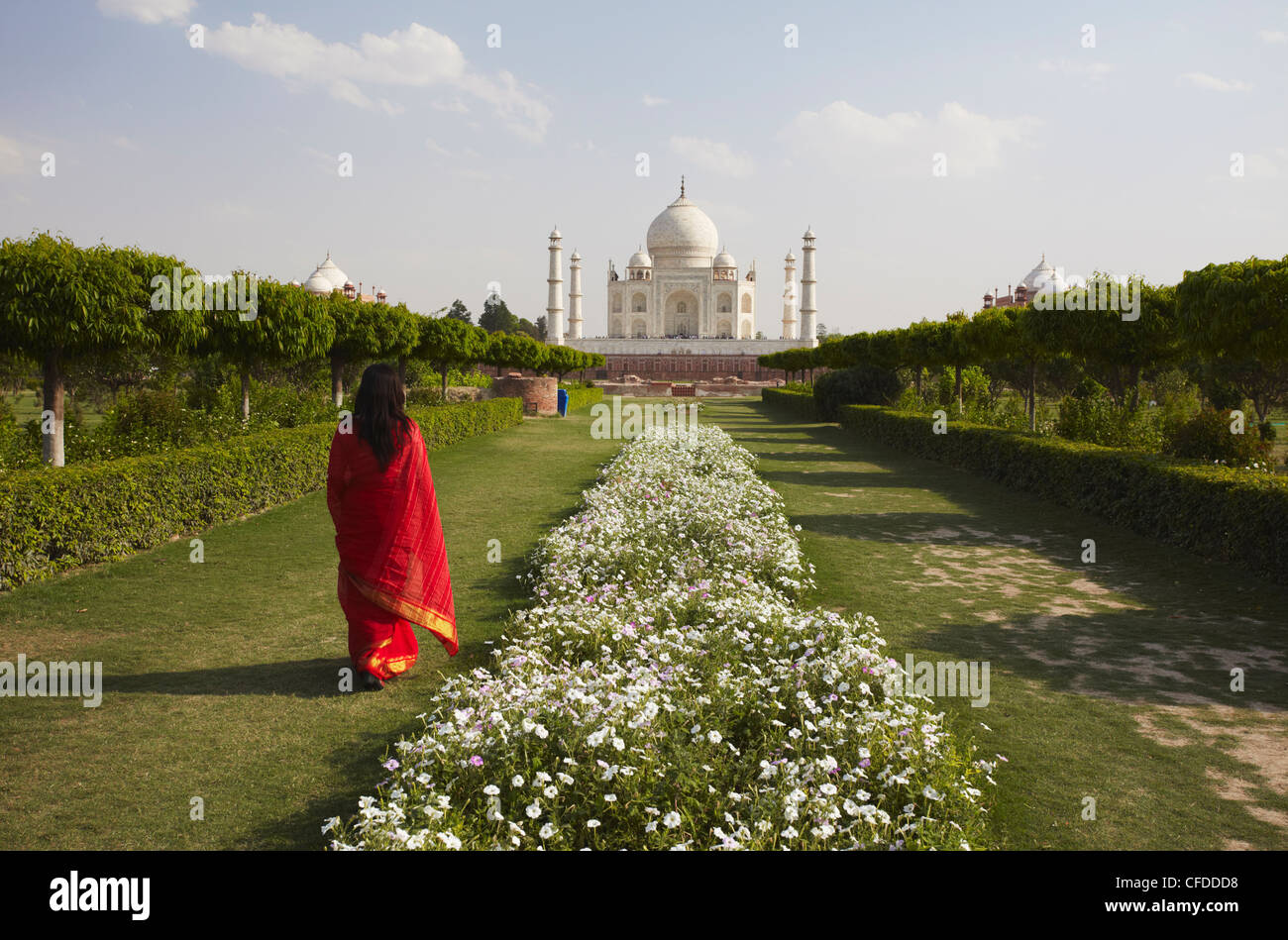 Femme en sari walking in Mehtab Bagh avec Taj Mahal en arrière-plan, l'UNESCO World Heritage Site, Agra, Uttar Pradesh, Inde, Asie Banque D'Images