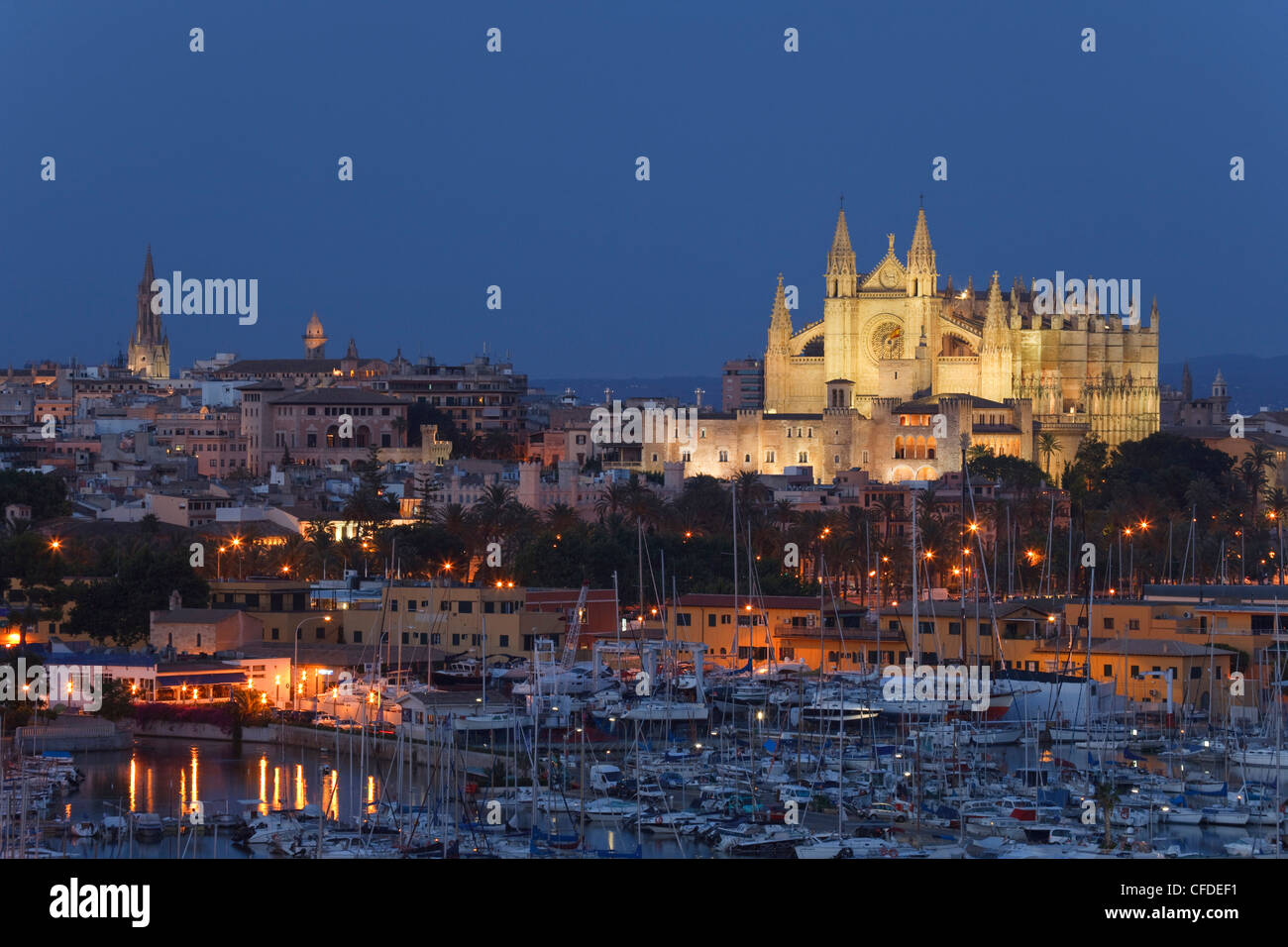 Vue sur le port, la cathédrale La Seu et palais Palau de l'Almudaina, Palma de Mallorca, Majorque, Iles Baléares, Espagne, Europe Banque D'Images