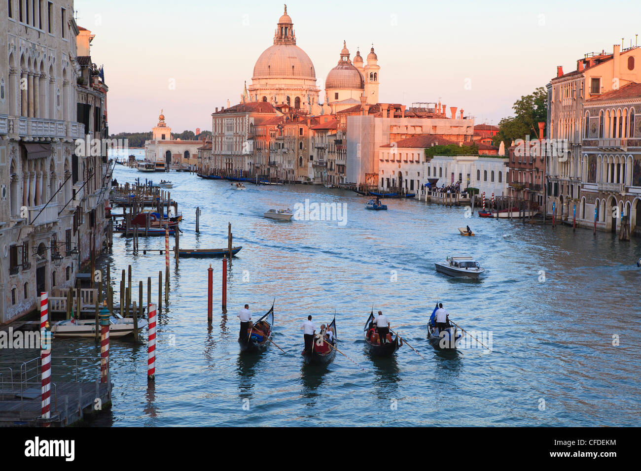 Gondoles sur le Grand Canal, et la vue vers l'église à coupole de Santa Maria della Salute, Venise, Vénétie, Italie Banque D'Images