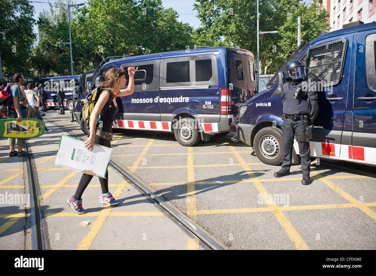 Protestation des indignés (révolution espagnole) et d'affrontements avec la police à Barcelone près du Parlement catalan, Parc Ciutadella Banque D'Images