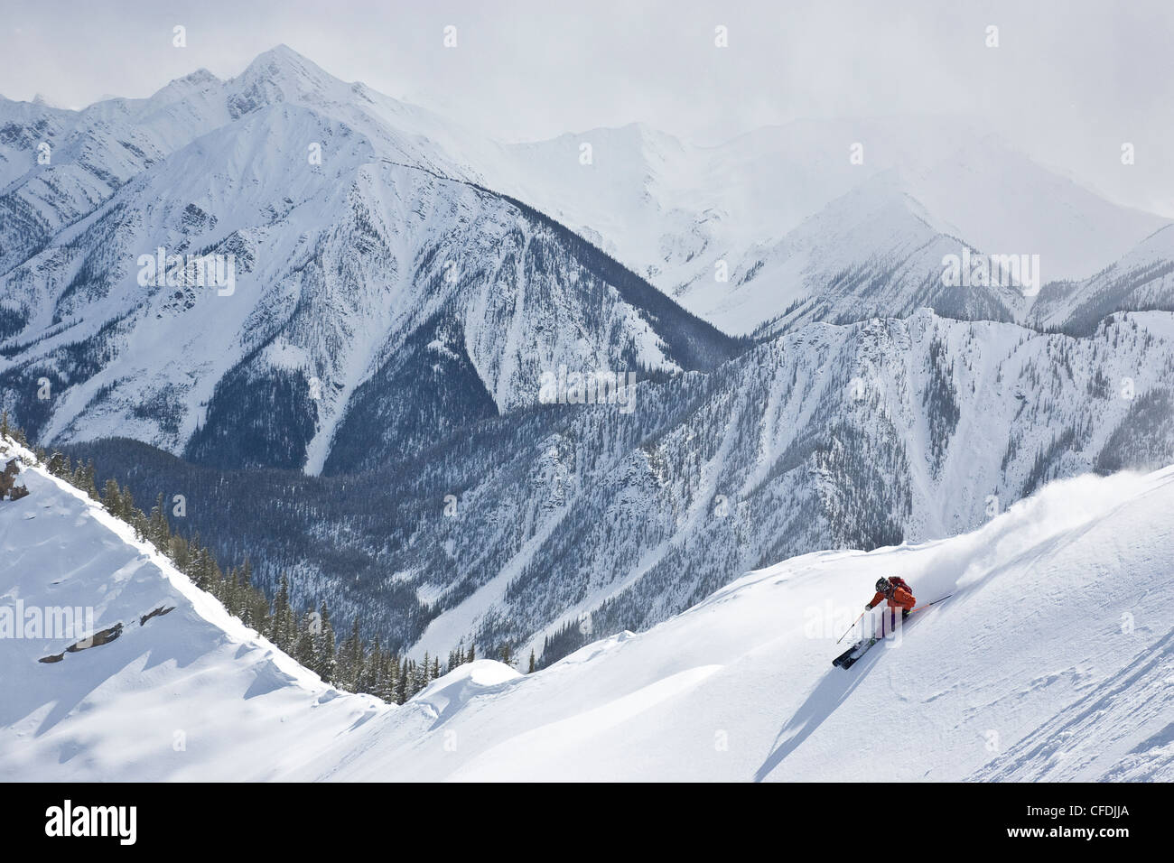 Jeune homme ski à Super Bowl, Kicking Horse Mountain Resort, Colombie-Britannique, Canada. Banque D'Images