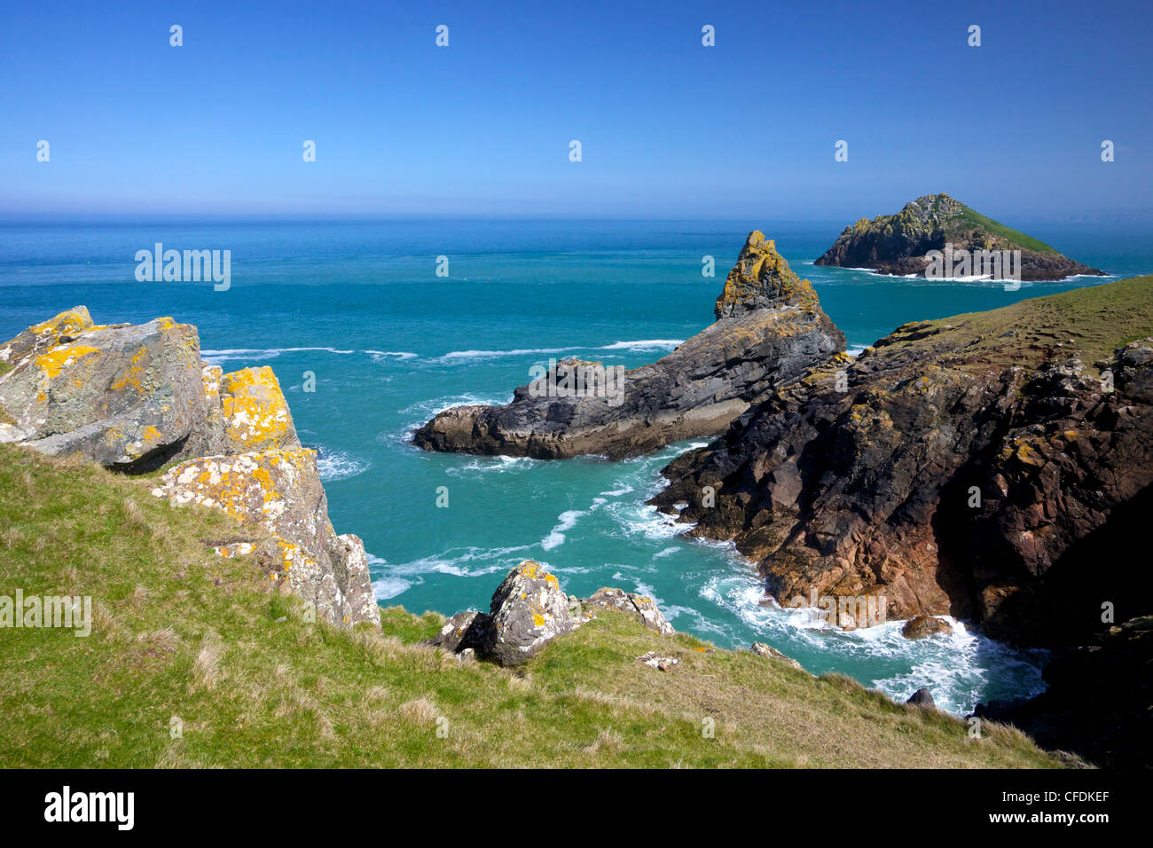 Vue de l'arrêt Point, Mouls croupions Pentire Headland, Polzeath, North Cornwall, Angleterre, Royaume-Uni, Europe Banque D'Images