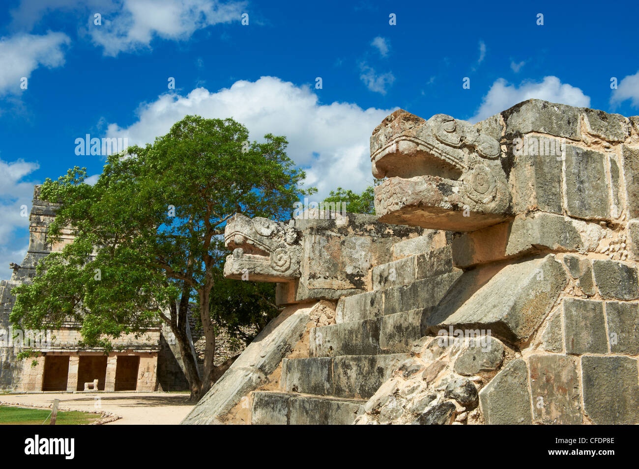 La tête du serpent en ruines mayas, Chichen Itza, Site du patrimoine mondial de l'UNESCO, Yucatan, Mexique, Banque D'Images