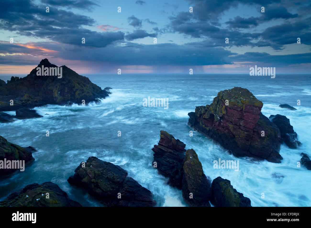 Conditions de tempête sur un soir de printemps à Horsecastle Bay, St Abb's Head Nature Reserve, Berwickshire, Ecosse, Royaume-Uni Banque D'Images