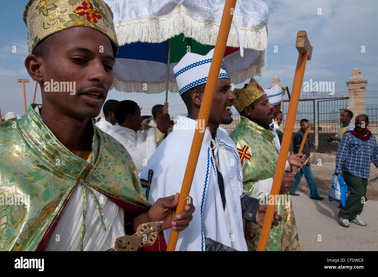 L'Epiphanie, célébrations de l'Éthiopie sur les fonts baptismaux de l'emplacement de Qasr el Yahud, Jourdain, Israël, Moyen Orient Banque D'Images