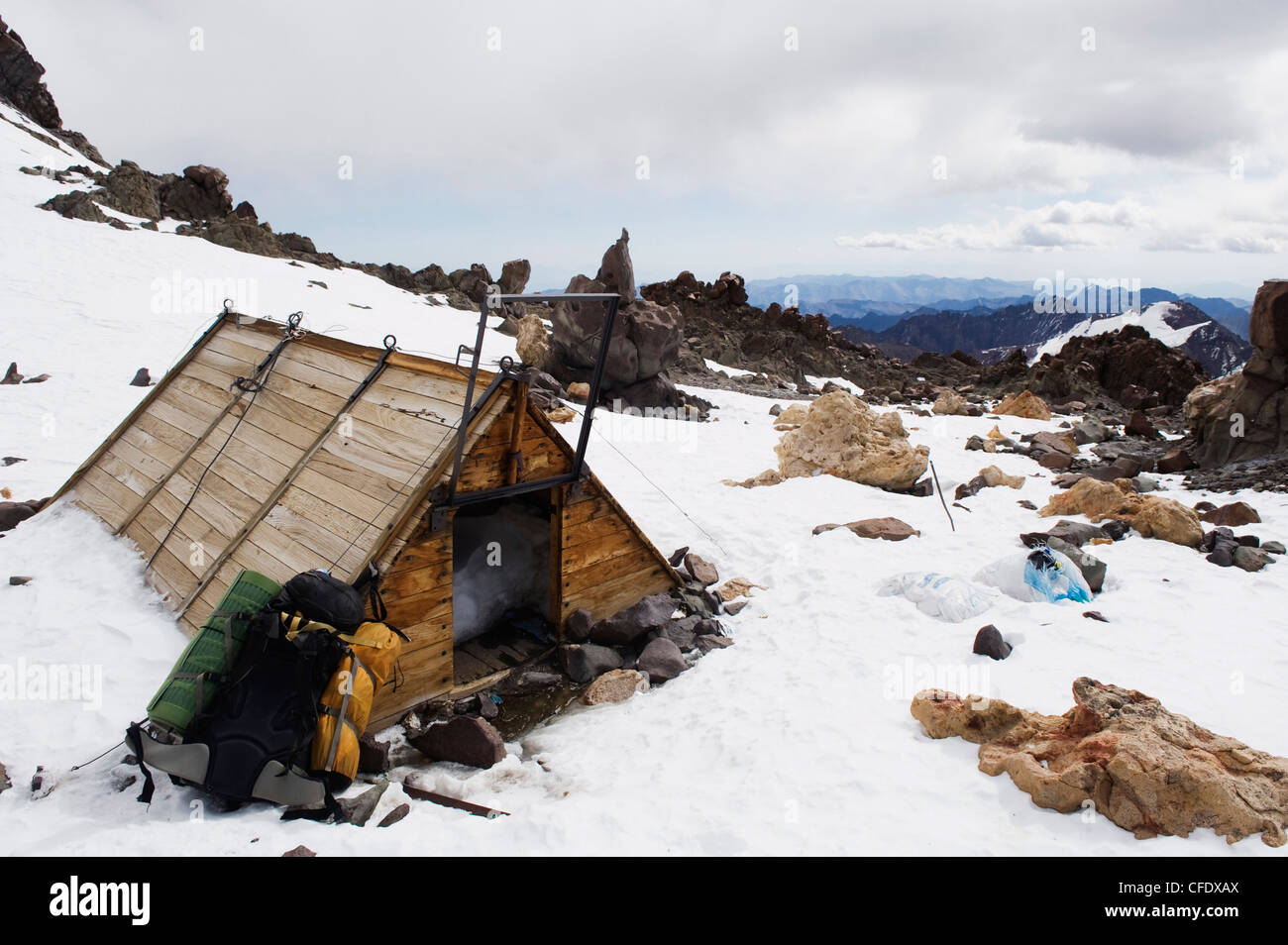 Berlin camp à 6000m, l'Aconcagua 6962m, plus haut sommet d'Amérique du Sud, le Parc Provincial Aconcagua, Andes, Argentine Banque D'Images