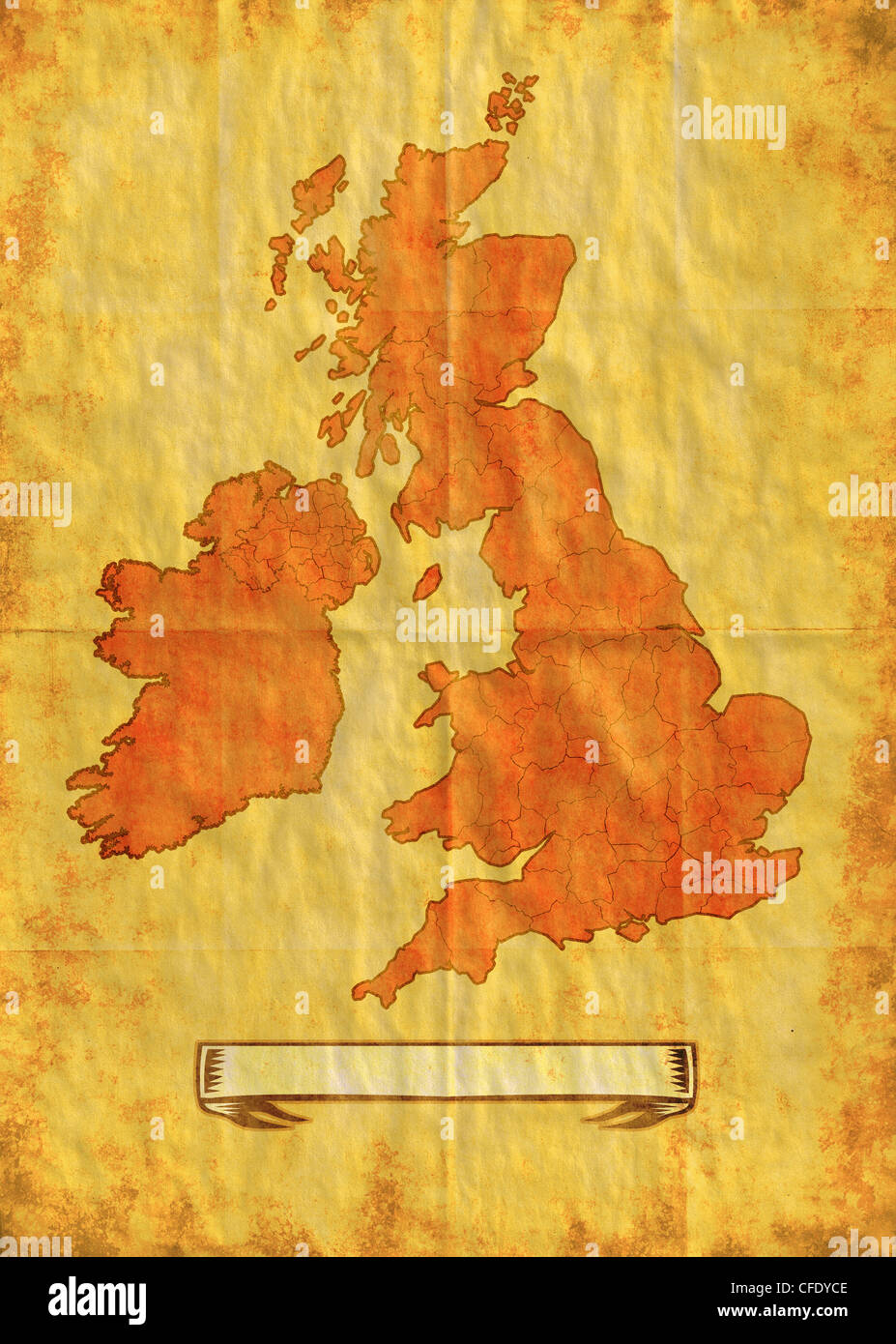 Illustration dessin d'une carte des îles Britanniques montrant l'Irlande du Nord, Pays de Galles, Ecosse, Irlande et Angleterre avec grunge Banque D'Images