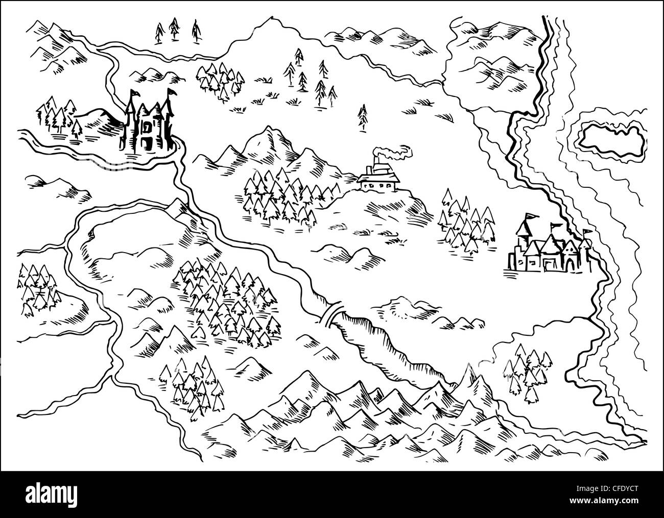 Illustration dessin d'une carte d'un pays imaginaire montrant les rivières, de montagnes,arbres,monastère,châteaux,route,mer,terre,côte sur fond blanc Banque D'Images