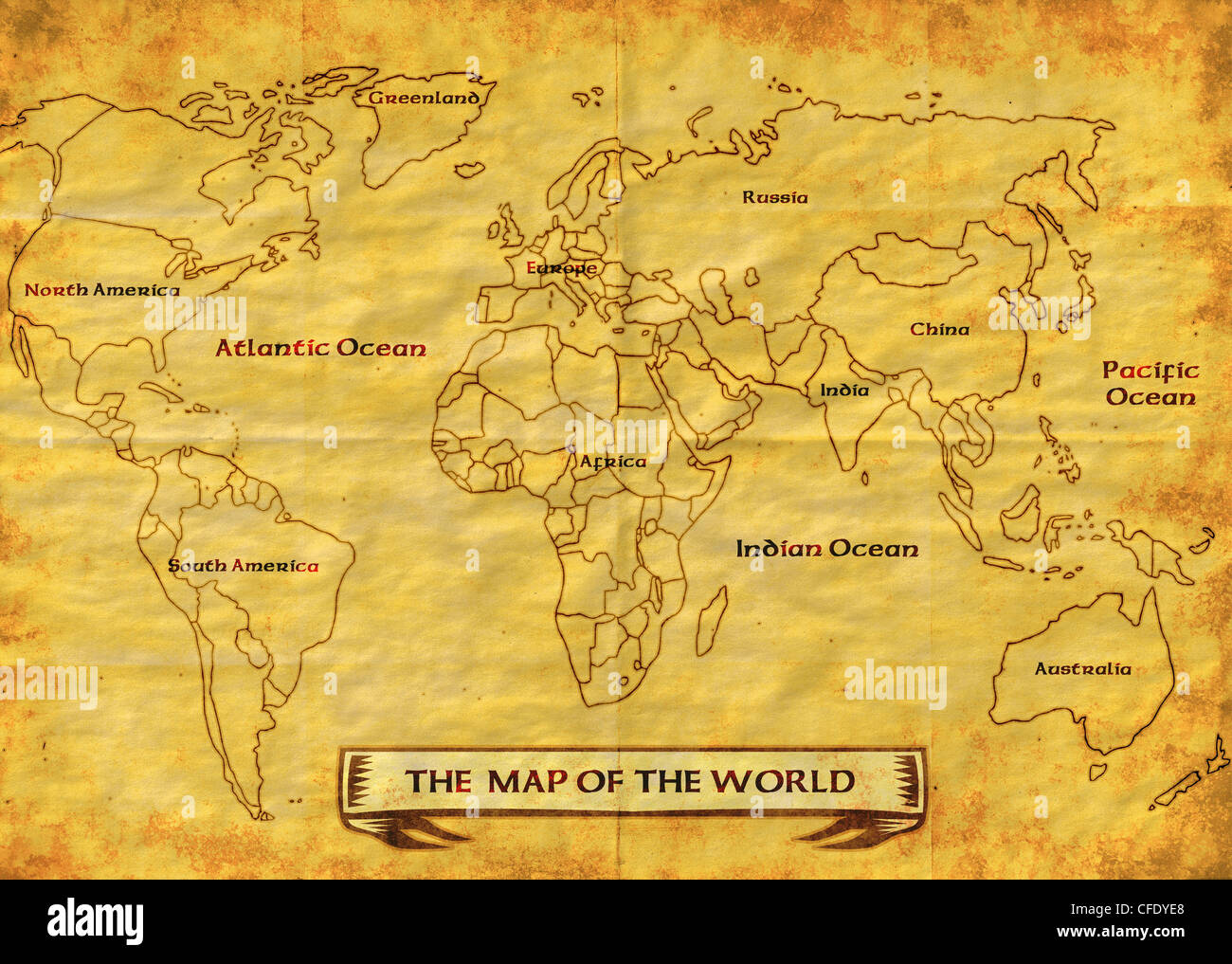 Illustration dessin d'une carte du monde montrant les continents nord,Afrique,europe,Asie et Australie grunge texture background Banque D'Images