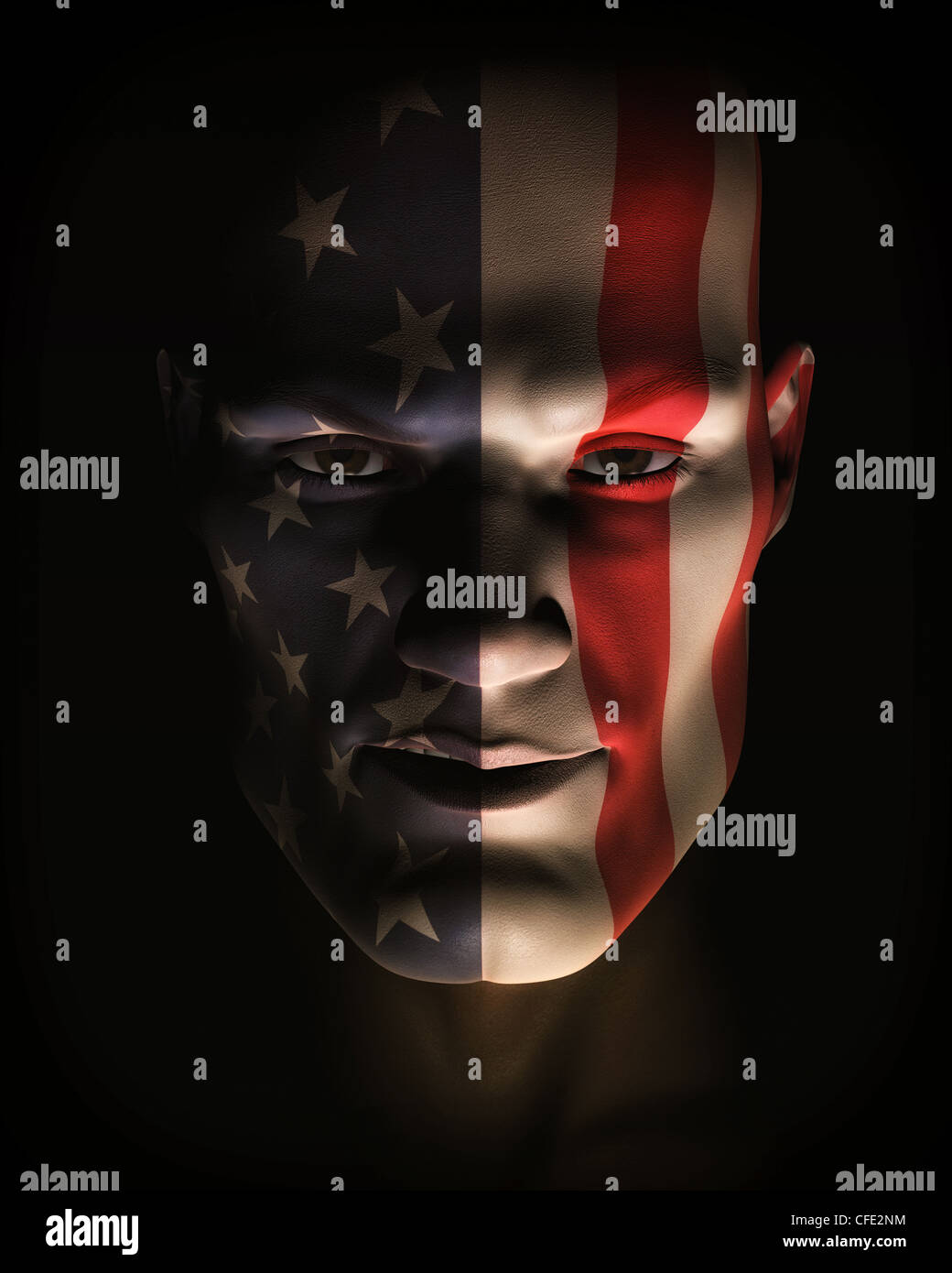 Un gros plan, illustration numérique de l'homme dans l'ombre et la lumière dynamique portant drapeau américain face à la peinture. Banque D'Images