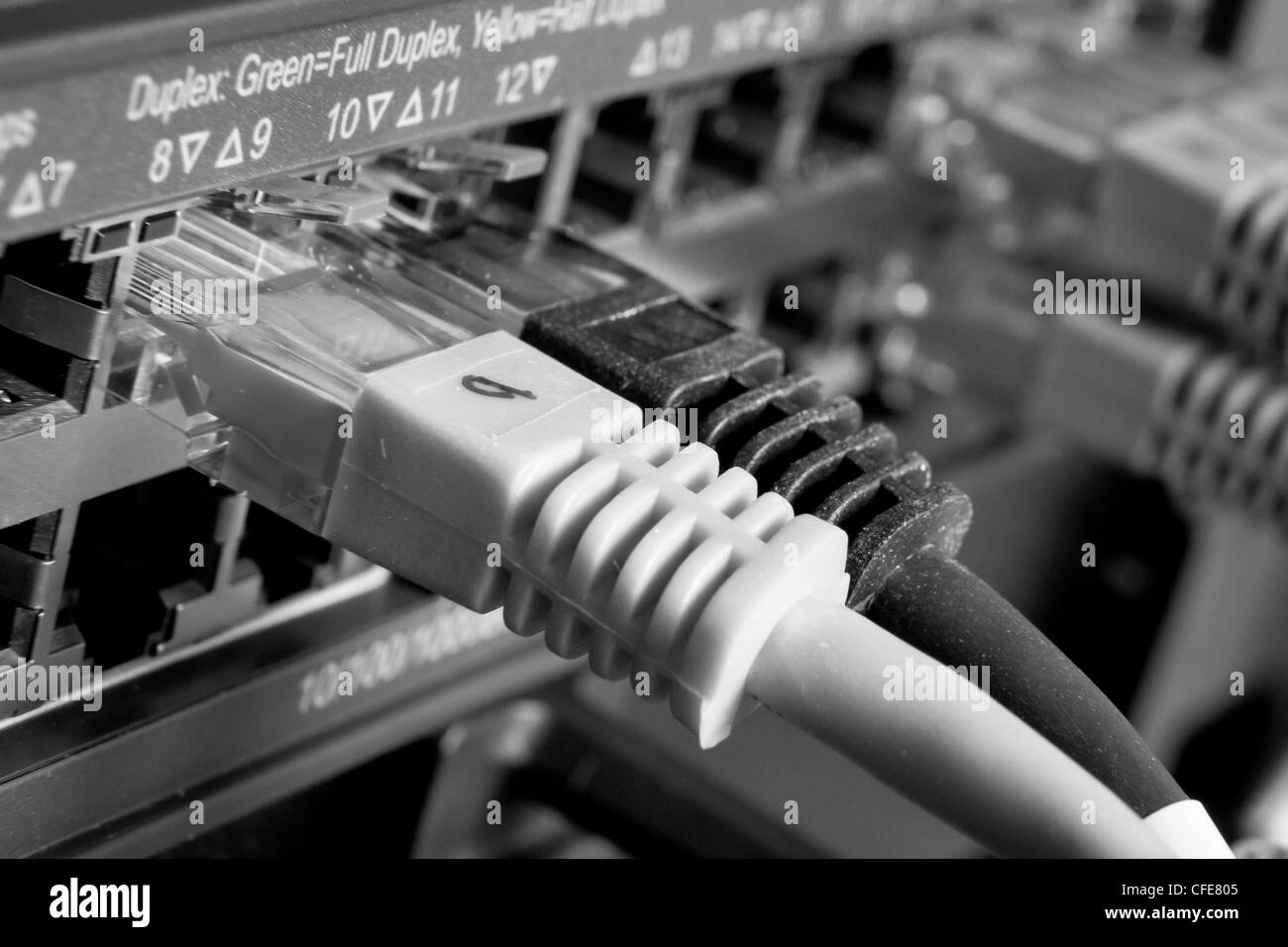 Les câbles connectés au concentrateur réseau Banque D'Images
