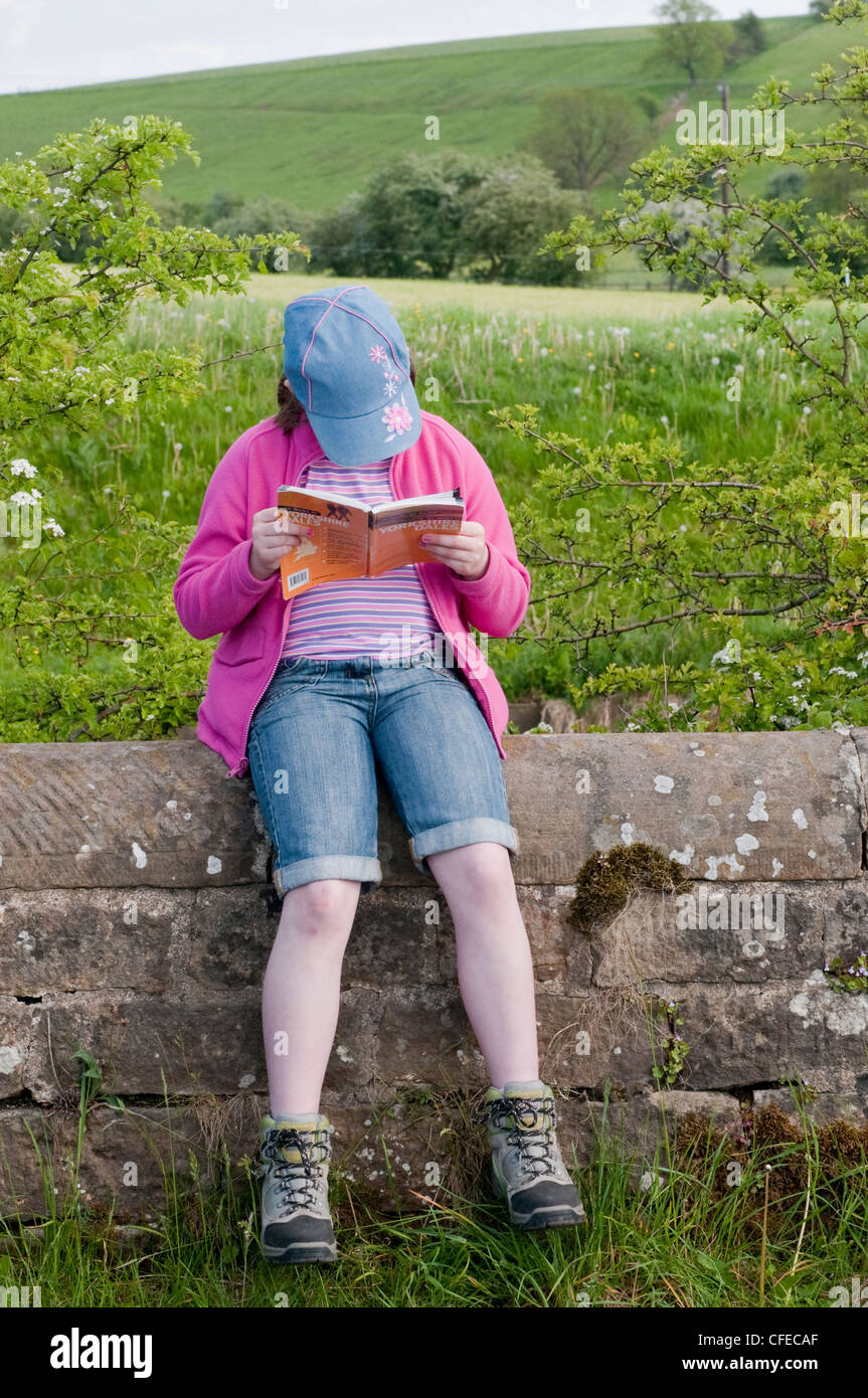 Paysage de la campagne à pied - jeune fille (en bottes) assis sur le mur du champ, holding book & lecture walking route directions - North Yorkshire, Angleterre, Royaume-Uni. Banque D'Images