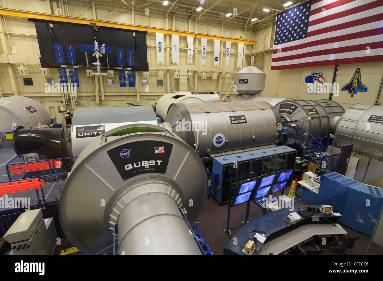 Réplique grandeur nature de la Station spatiale internationale lors de l'installation immersive du véhicule spatial, Johnson Space Center, au Texas. Banque D'Images