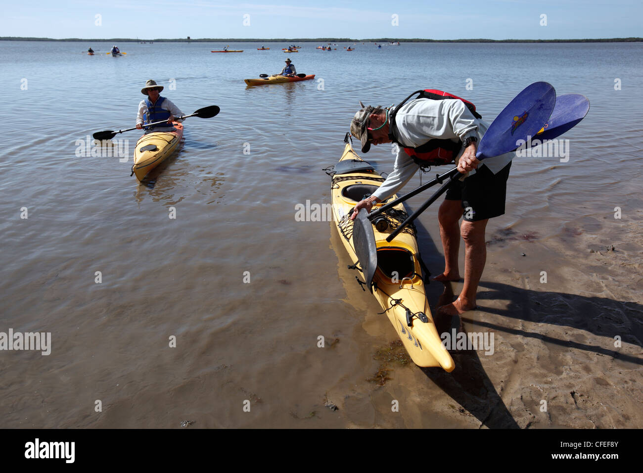 Les kayakistes de partir, Everglades City, Floride Banque D'Images