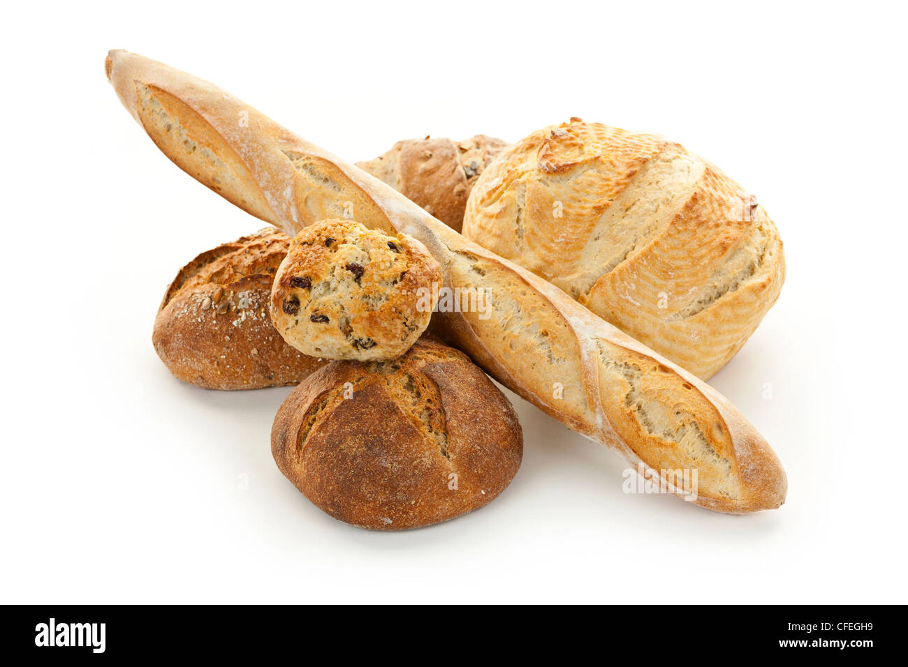 Différents types de pains sur fond blanc Banque D'Images
