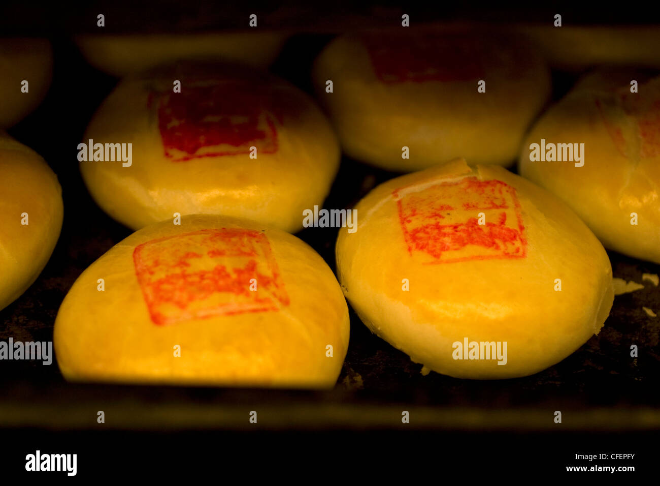 Gâteaux de haricots sont alignés sur un plateau de refroidissement dans une boulangerie du quartier chinois de Boston. Banque D'Images