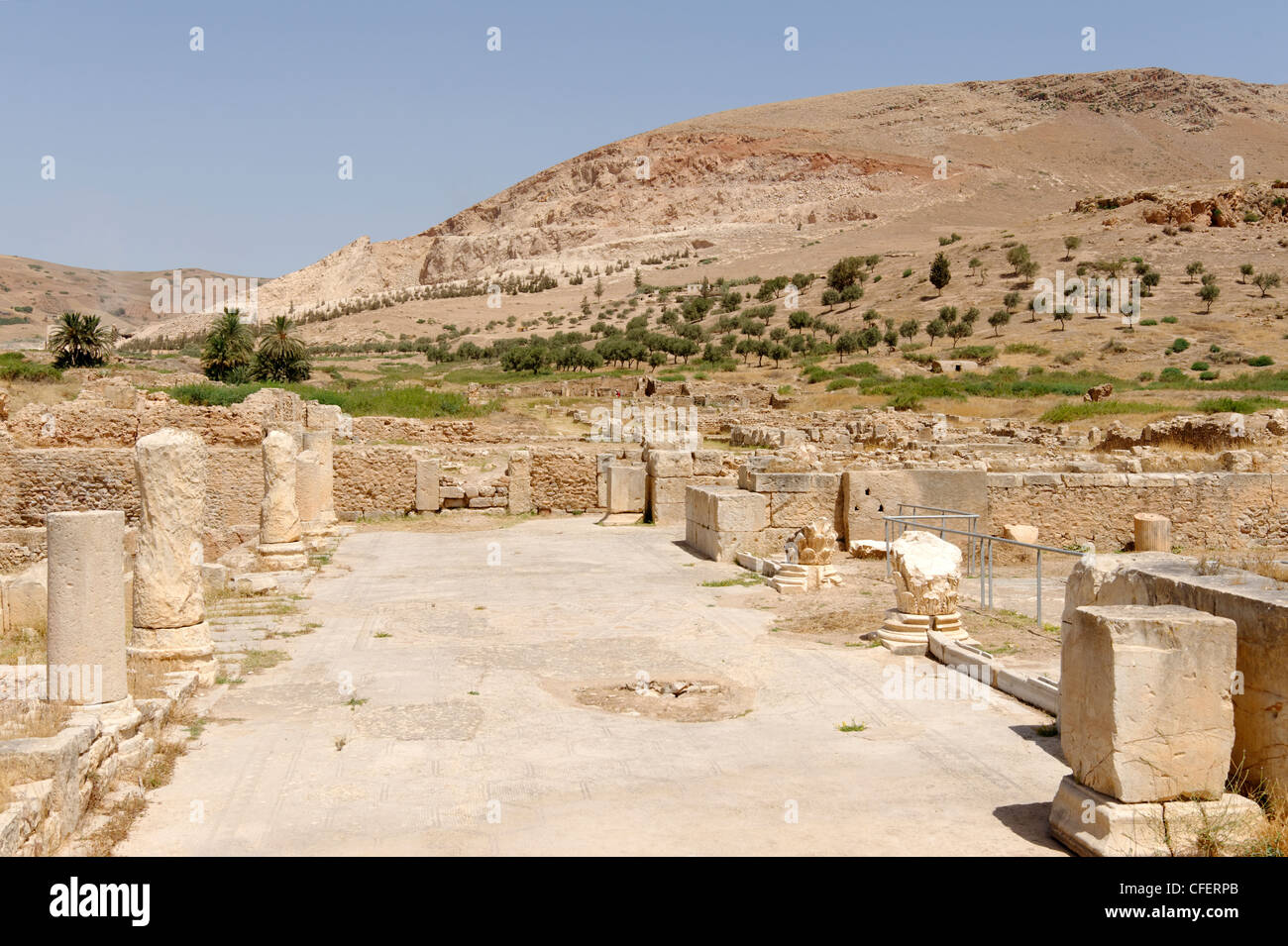 Bulla Regia. La Tunisie. Vue sur les ruines d'un pavé mosaïque une fois grand enclos qui était constitué de canaux entourant l'eau Banque D'Images