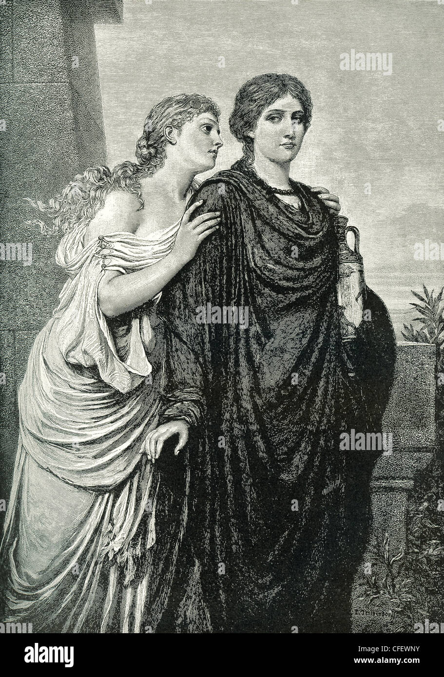 Antigone est la fille de l'Œdipe roi grec et son épouse Jocaste. Elle est présentée ici avec sa soeur Ismene. Banque D'Images