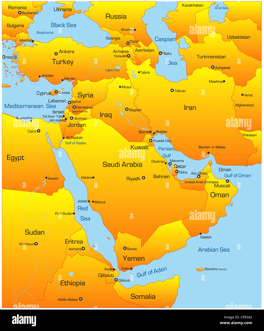 Abstract vector carte des couleurs de pays du Moyen-Orient Banque D'Images
