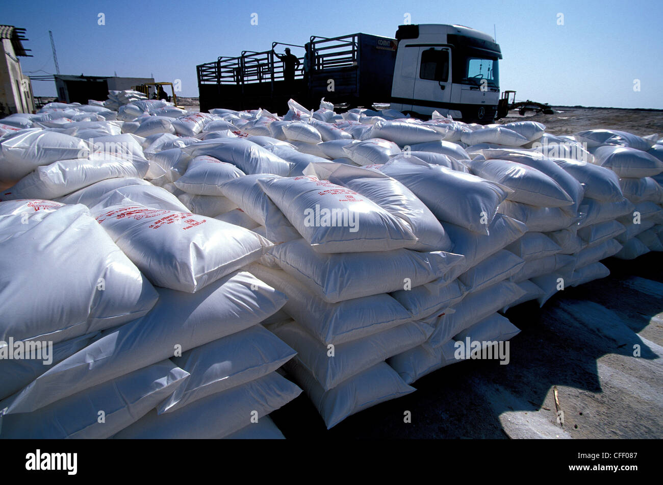 Chott el-Djerid sacs de sel, Tozeur, Tunisie, Afrique du Nord, Afrique Banque D'Images