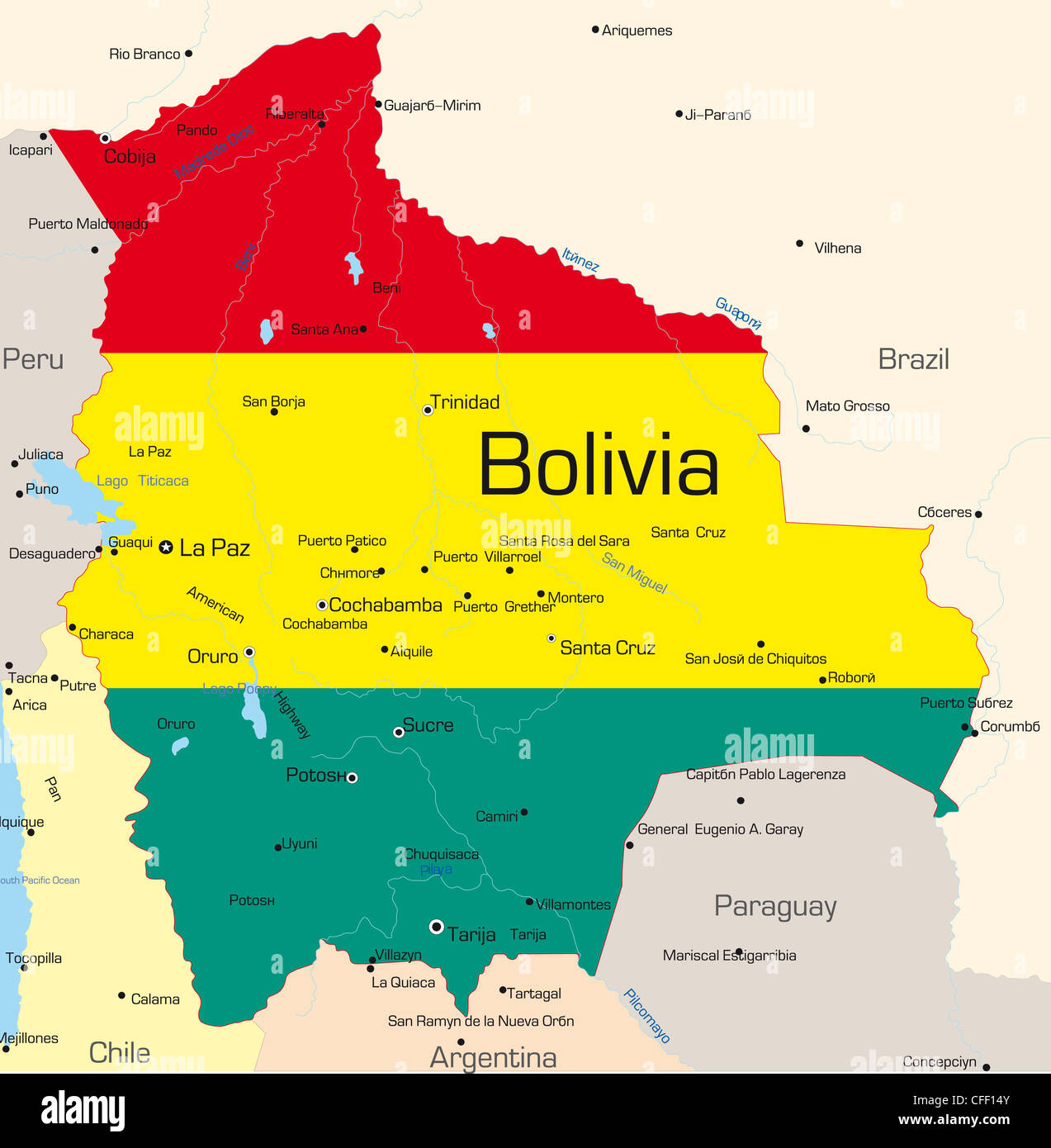 Abstract vector carte des couleurs de la Bolivie de couleur du drapeau national par pays Banque D'Images