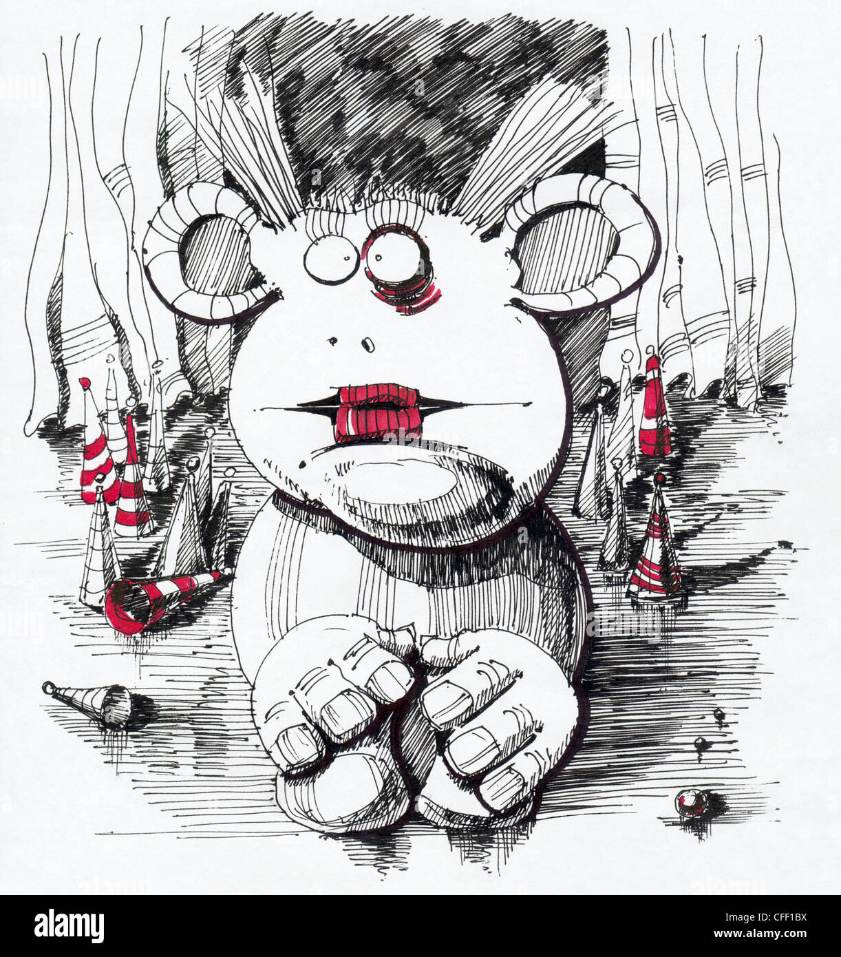 Figure clown triste assis sur la scène. Appelée Stylo et Marqueur sur papier. Voir toute la série dans mon portefeuille. Banque D'Images