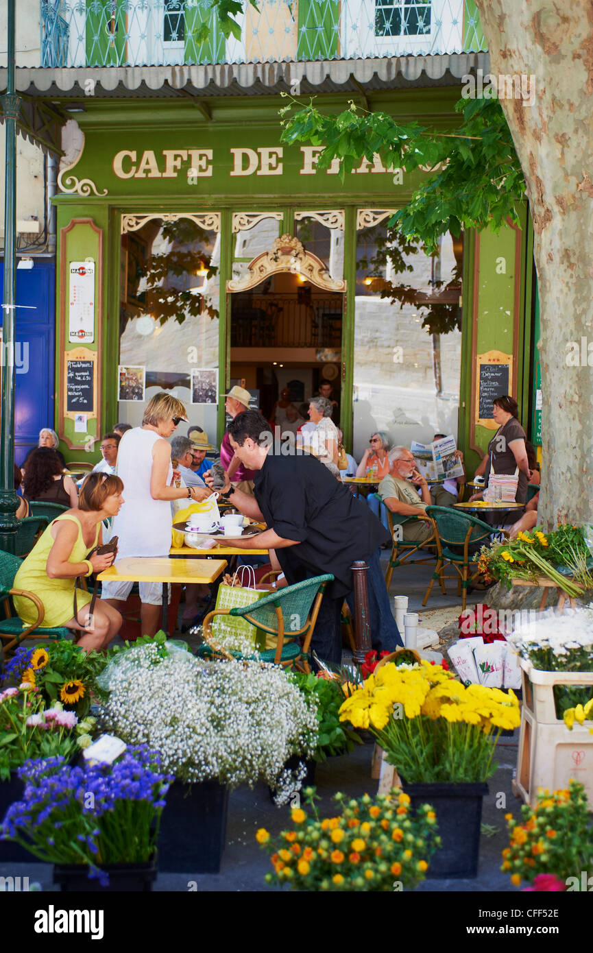 Fleurs près du café à l'Isle sur la Sorgue, un village entouré de la rivière Sorgue, Luberon, Vaucluse, Provence, France Banque D'Images