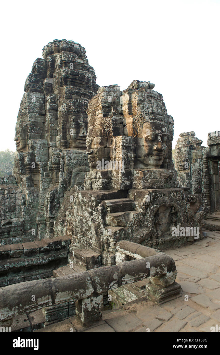 Gopuram, visages au temple Bayon, Angkor Thom, Angkor, Cambodge, Asie Banque D'Images