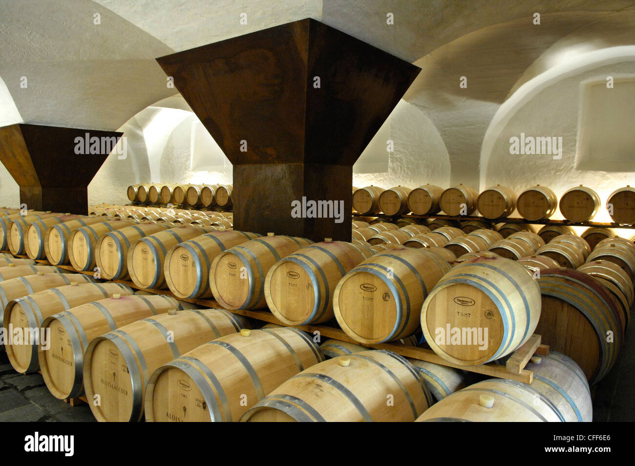 Barils dans une vinerie, Ansitz Loewengang, Margreid an der Weinstrasse, Tyrol du Sud, Italie, Europe Banque D'Images