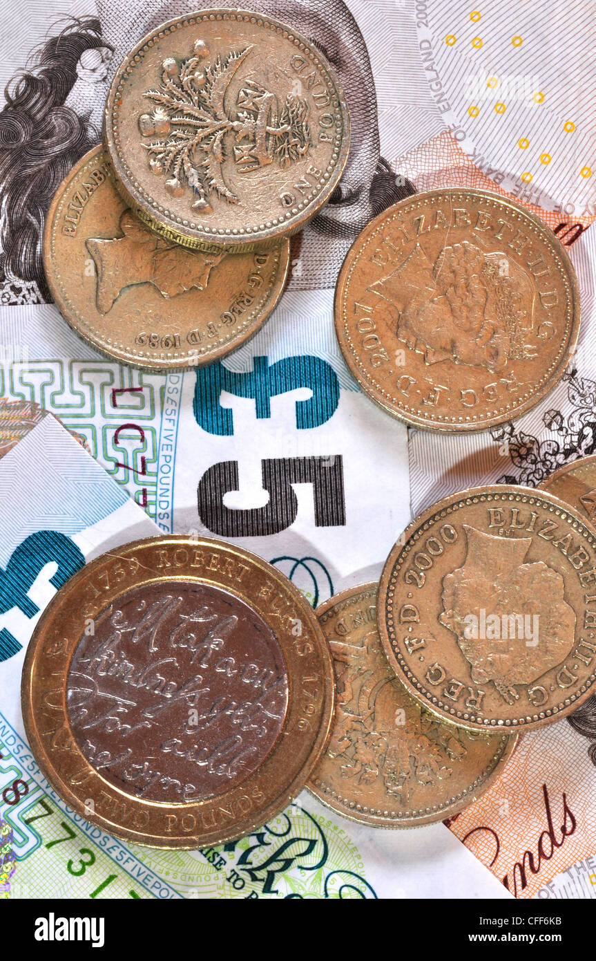 Coins et les notes de l'UK Banque D'Images