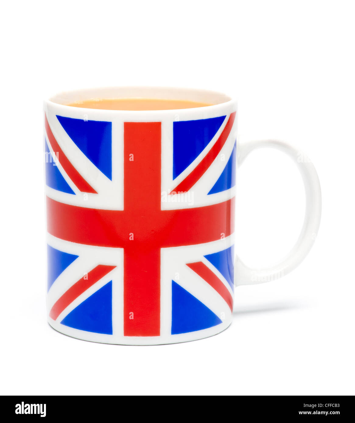Union Jack tasse de thé tourné en studio sur fond blanc. Banque D'Images