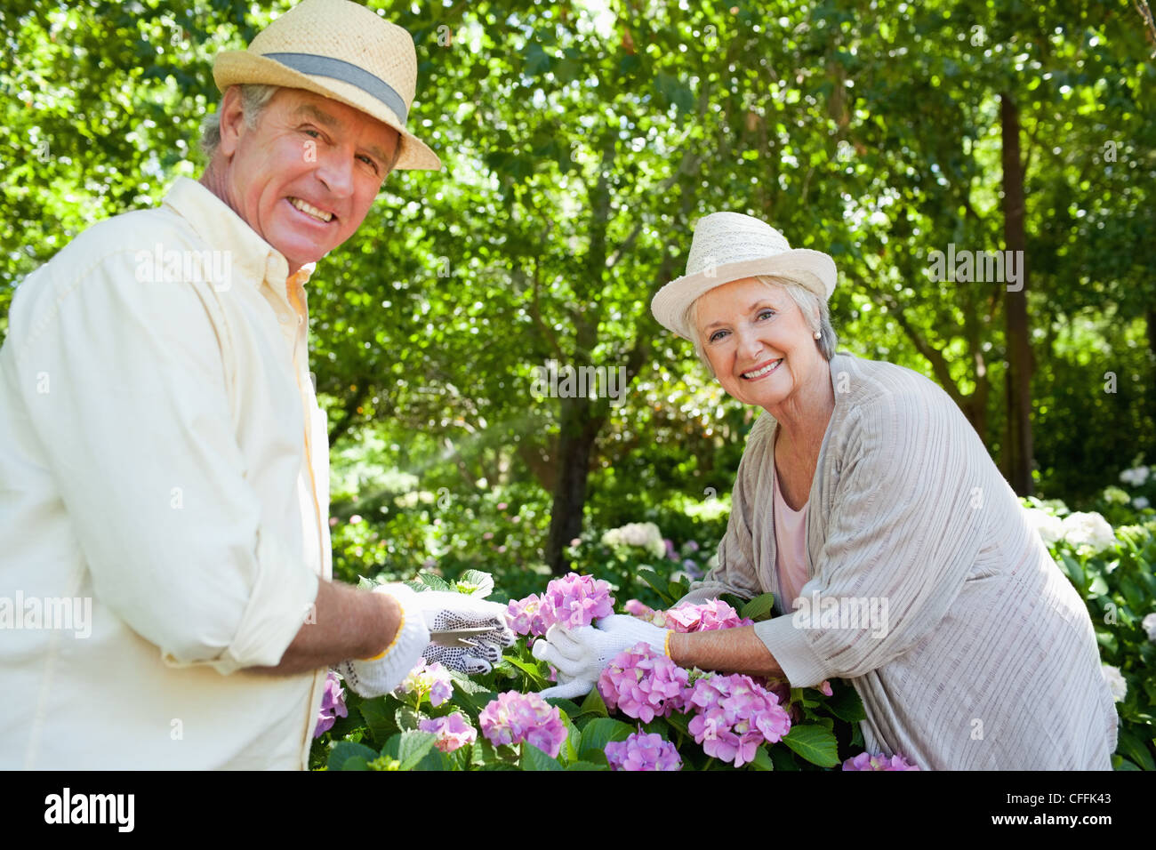 Homme et une femme sourire en fleurs prune ensemble Banque D'Images
