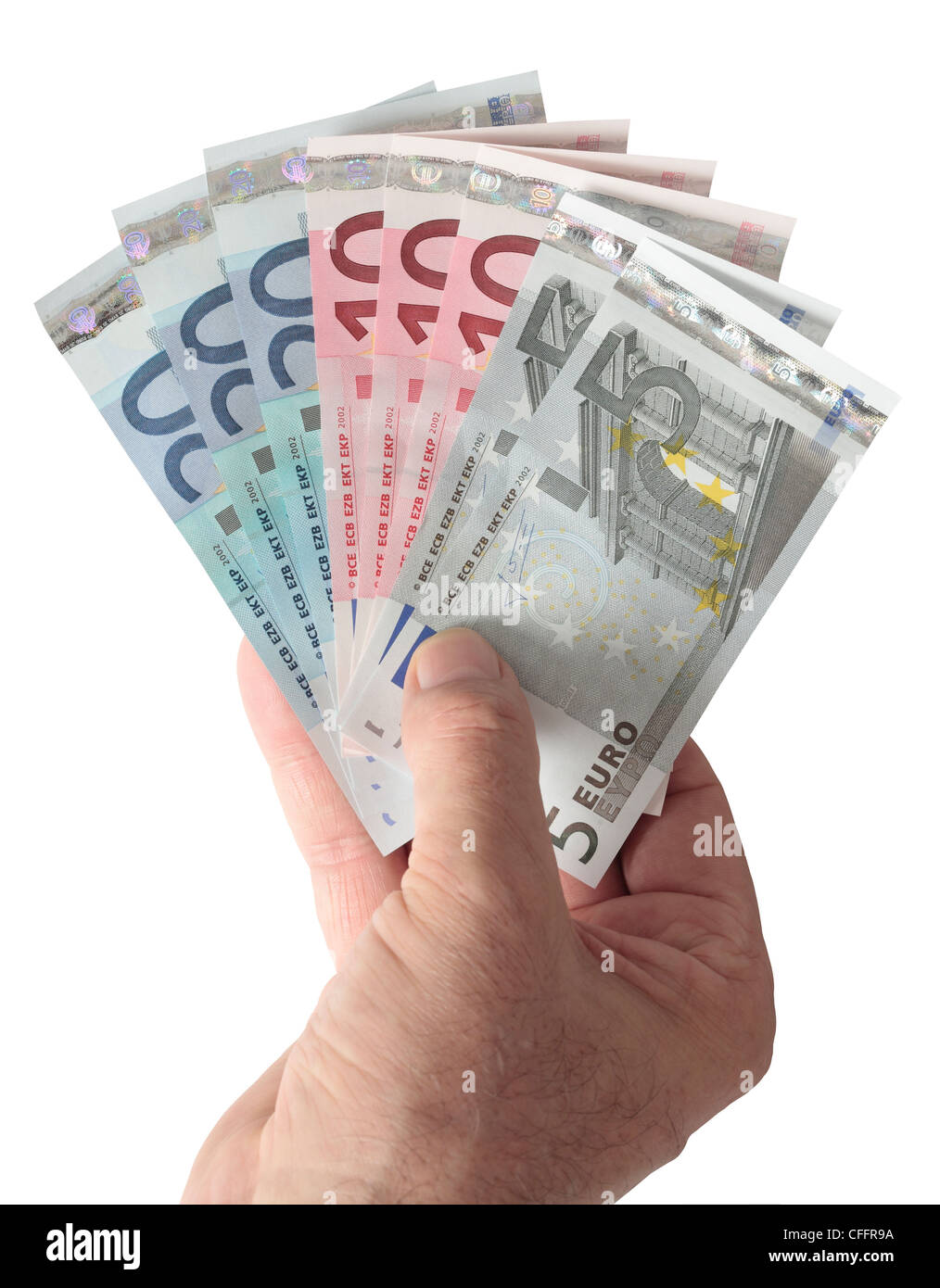 Poignée de billets en euros avec un total de 100 Euros. Banque D'Images