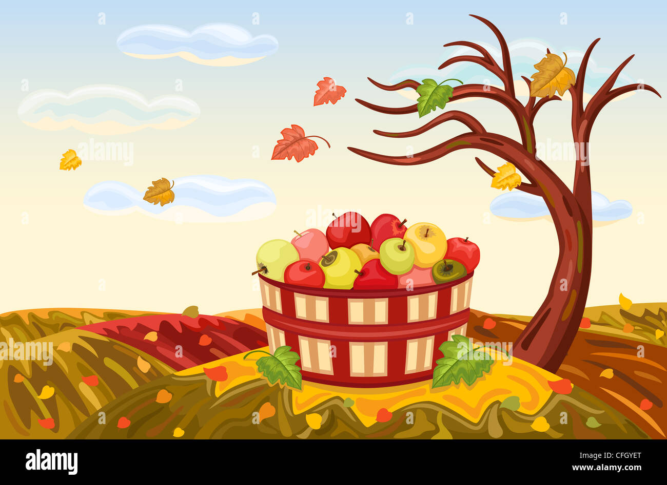 Beau paysage d'automne avec de riches récolte des pommes sous un arbre isolé, nu. Le vent souffle et les feuilles tombent. Banque D'Images