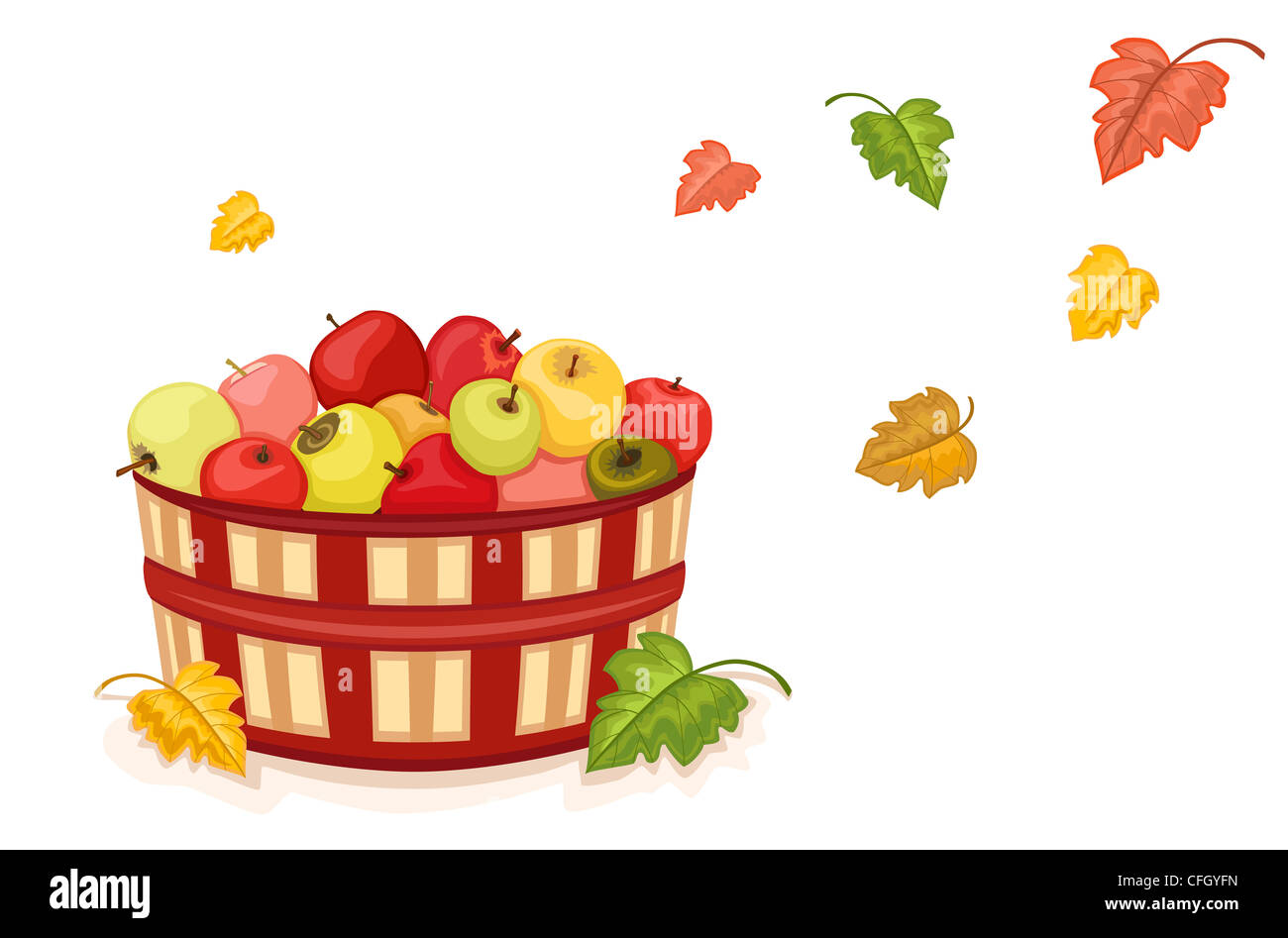 Chasse d'automne avec panier en osier rempli de pommes savoureuses. Plus isolé sur fond blanc. Banque D'Images