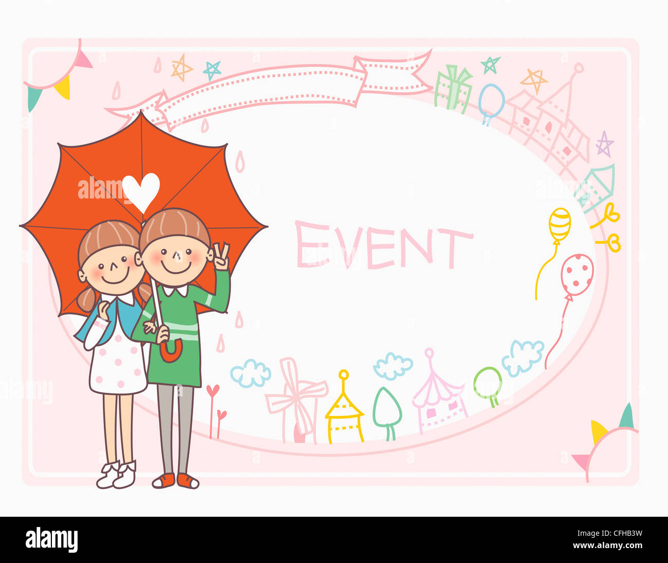 Le garçon et fille tenant le parapluie avec avis de l'événement Banque D'Images