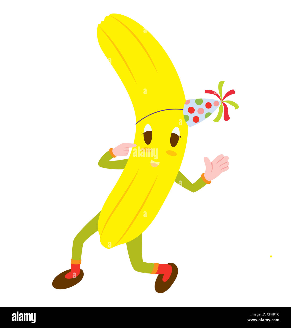 Une banane caractère avec les mains et les pieds, une main pointant sur son propre visage, souriant et vêtu d'un chef de parti décoré de points. Banque D'Images