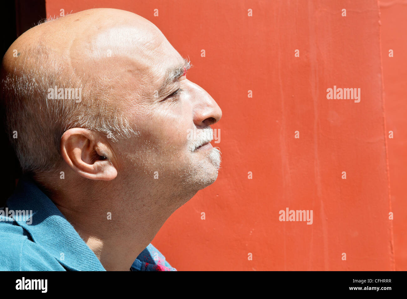 Profil horizontal de hauts citoyen indien, homme avec cheveux dégarni, accrocher le nez, le menton vers le haut Banque D'Images