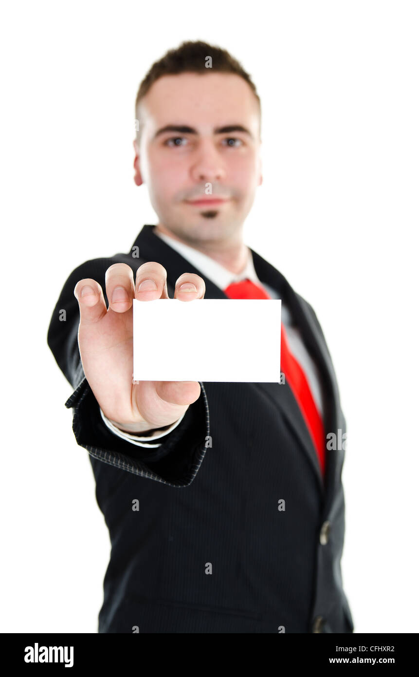 Businessman holding businesscard avec prix pour votre message Banque D'Images