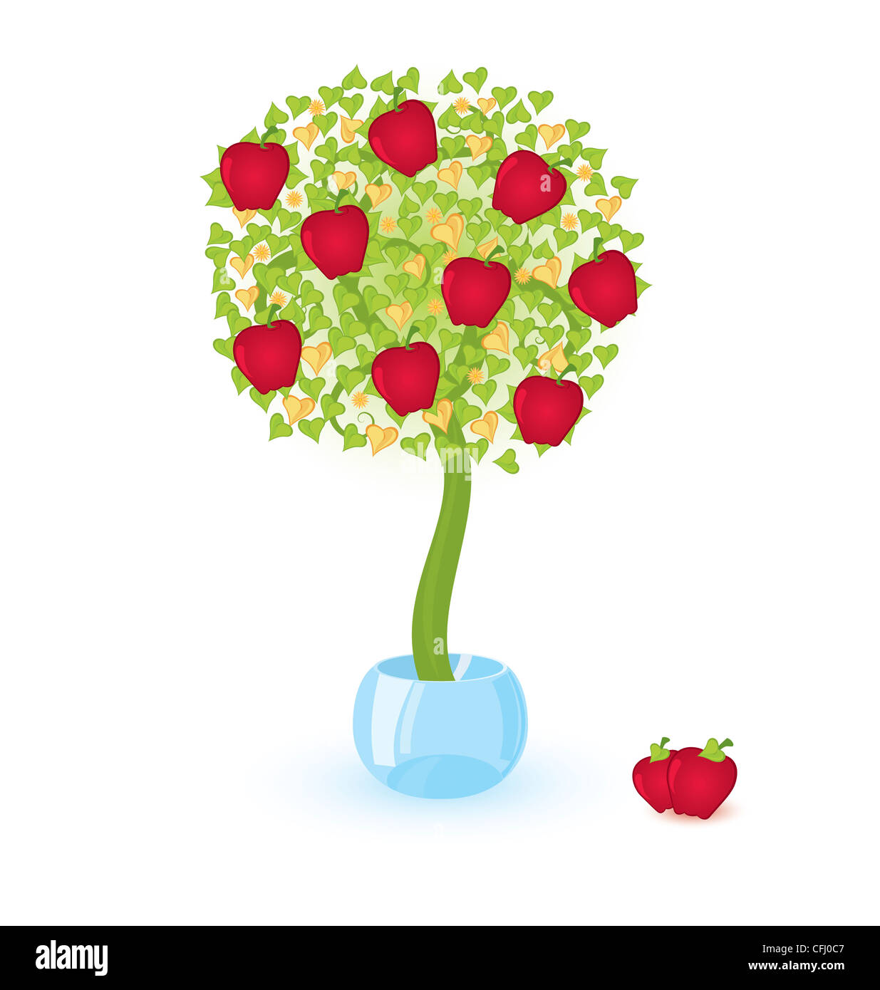 Vector illustration d'un arbre avec des pommes rouges croissant dans bol de cristal Banque D'Images
