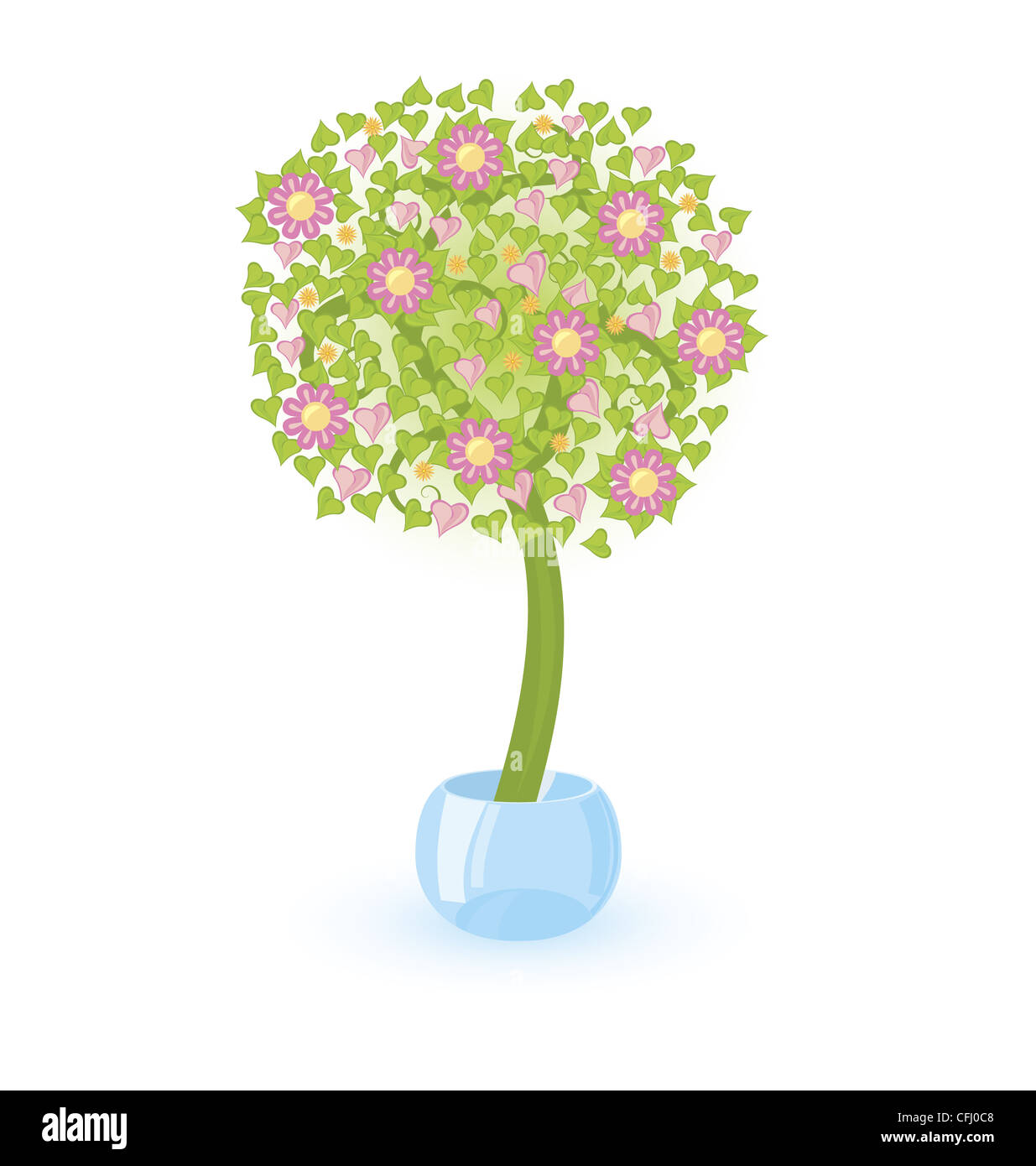 Vector illustration d'un arbre avec des fleurs roses poussant dans bol de cristal Banque D'Images