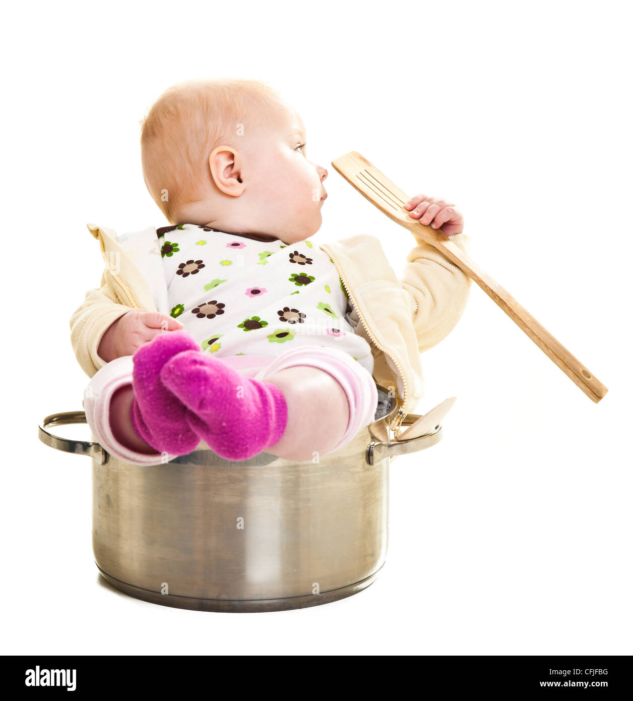 Bébé en cuisine pan isolated on white Banque D'Images