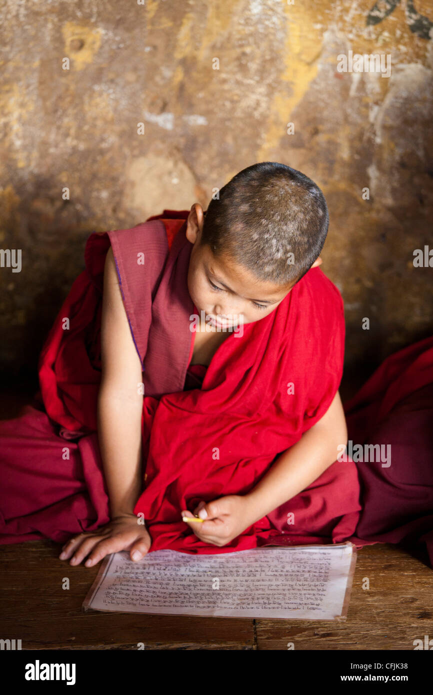 L'étude de jeune moine bouddhiste de scripts en classe à Chimi Lhakhang temple, la vallée de Punakha, Bhoutan, Asie Banque D'Images