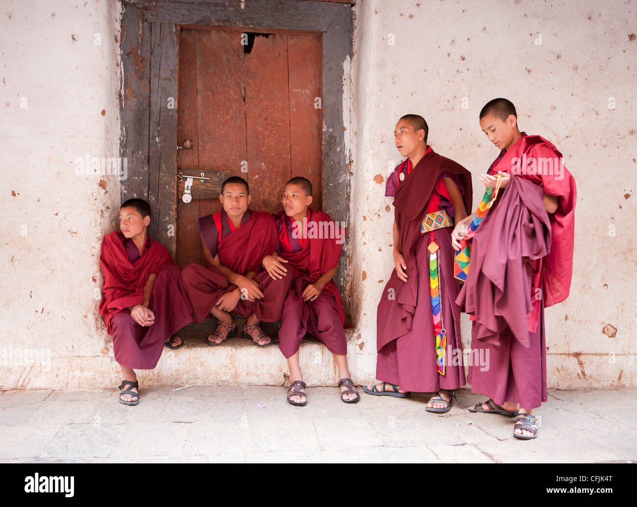 Les jeunes moines bouddhistes chat, Wangdue Phodrang Dzong, Wangdue Phodrang (Wangdi), Bhoutan, Asie Banque D'Images