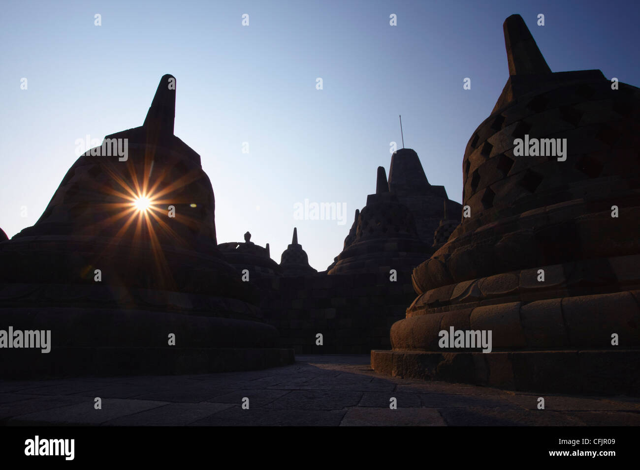 Stupas au Temple de Borobudur au lever du soleil, l'UNESCO World Heritage Site, Java, Indonésie, Asie du Sud, Asie Banque D'Images