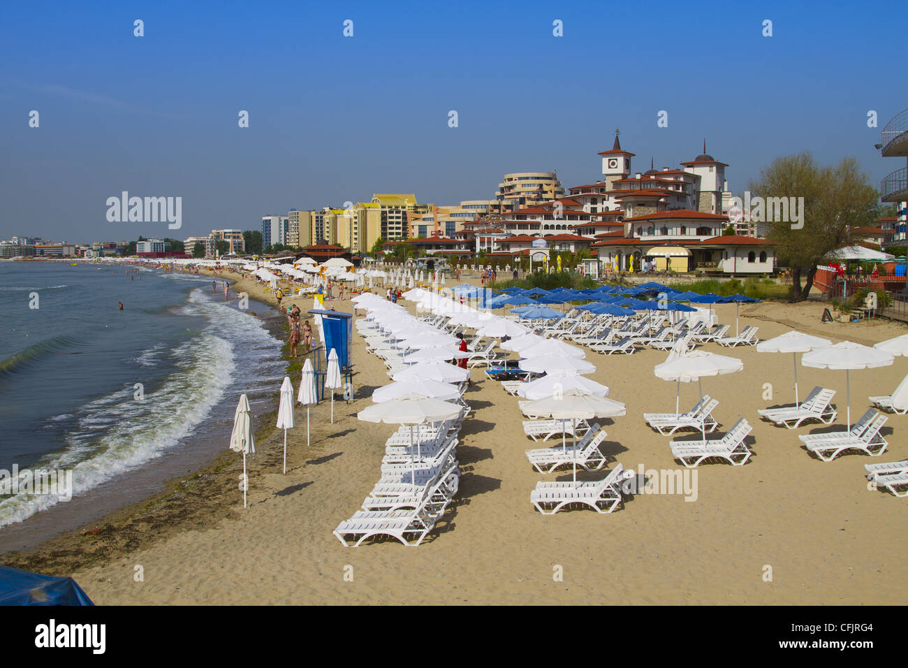 Plage principale, Sveti Vlas, côte de la mer Noire, Bulgarie, Europe Banque D'Images