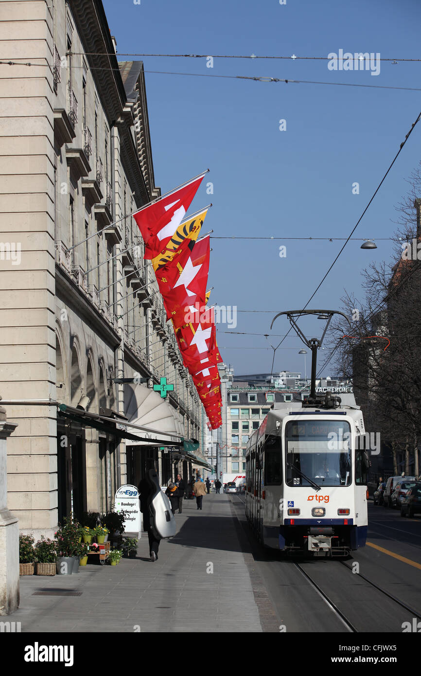 Une rangée de drapeaux dans une rue de Genève, Suisse Banque D'Images