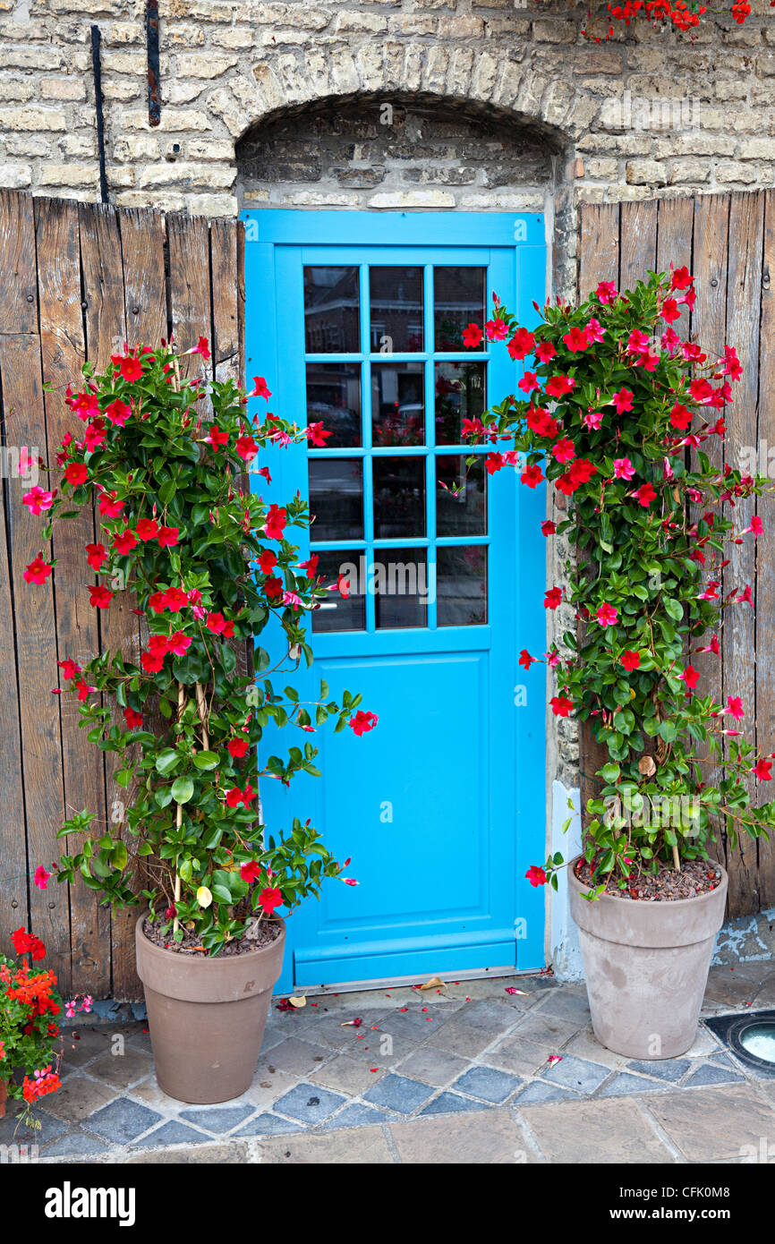 Porte bleue avec des fleurs rouges, Auxerre, France Banque D'Images