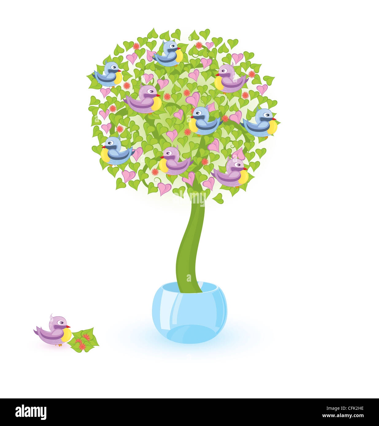 Vector illustration d'un arbre avec des oiseaux bleus et violets en croissant crystal bowl Banque D'Images